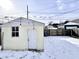 Backyard featuring a small storage shed, snow cover, and a fenced perimeter at 1640 Bellefontaine St, Indianapolis, IN 46202