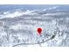 Aerial view of the snow-covered property, house, trees, road, and a red marker at 7166 N Oak Ridge Rd, Morgantown, IN 46160