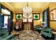Elegant living room with original fireplace, stained glass windows, vintage decor, and period lighting at 1409 N Park Ave, Indianapolis, IN 46202