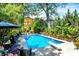 Backyard pool with lounge chairs, umbrellas, and lush landscaping at 1409 N Park Ave, Indianapolis, IN 46202