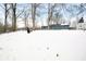 Winter backyard showing a home with a wooden swing and a firepit covered in snow at 150 W Jo Jo Ln, Nineveh, IN 46164