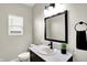 Cozy bathroom featuring a stylish dark vanity, and a sleek mirror at 1624 Prospect St, Indianapolis, IN 46203