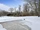 Backyard featuring a concrete patio and snow-covered lawn and an overgrown wooded area in the background at 5791 Station Hill Dr, Avon, IN 46123
