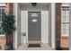 Close-up of a gray front door framed by white trim, brick walls, and decorative potted plants at 387 Legacy Blvd, Greenwood, IN 46143