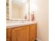 Well-lit half bathroom boasting a vanity with wood cabinets, mirror, and tiled accents at 5638 Congressional Pl, Indianapolis, IN 46235