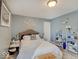 Comfortable secondary bedroom features neutral walls, a plush headboard, and shelving for storage and decor at 1083 Margate Dr, Greenwood, IN 46143