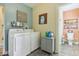 Well-maintained laundry room featuring a washer, dryer, and a view into the bathroom at 1390 Greenfield Ave, Noblesville, IN 46060