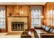Charming living room with a stone fireplace, wood paneling, and a comfortable leather sofa for relaxation at 426 Oakwood Dr, Indianapolis, IN 46260