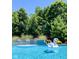 A pristine pool with a charming swan float, complemented by manicured greenery and vibrant floral accents for a serene backyard oasis at 2487 Wayward Wind Dr, Indianapolis, IN 46239