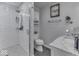 This bathroom is renovated with a tiled shower and modern vanity at 6420 Oriole Dr, Nineveh, IN 46164