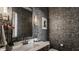 Chic powder room showcasing unique textured wallpaper, modern lighting, and elegant fixtures at 15432 Heatherbank Dr, Westfield, IN 46074