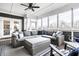 Inviting screened in sunroom with comfortable seating, a ceiling fan, and views of the surrounding greenery at 16882 Oak Manor Dr, Westfield, IN 46074