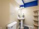 Small half-bath featuring a pedestal sink, toilet, and shelving at 538 Cyclamen Chase, Westfield, IN 46074