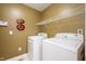 Convenient laundry room equipped with washer, dryer, and shelving for storage at 538 Cyclamen Chase, Westfield, IN 46074