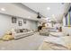 Spacious finished basement with comfortable seating, projector, and neutral carpet at 9956 Hickory Ridge Dr, Zionsville, IN 46077