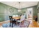 Dining room boasts stylish green walls, an area rug and modern chandelier at 9956 Hickory Ridge Dr, Zionsville, IN 46077