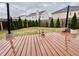 Backyard wooden deck with lights, looking onto a fenced yard with trees, ideal for outdoor relaxation at 1427 Broyles Ln, Indianapolis, IN 46231