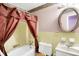 Bathroom with shower, sink, vanity, toilet and yellow tile at 6838 Hague Rd, Indianapolis, IN 46256