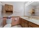 Traditional bathroom with wood cabinetry, a large mirror, and a classic design at 7579 Allenwood Ct, Indianapolis, IN 46268