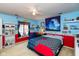 Bright bedroom with colorful walls, ceiling fan, and a variety of decor at 12107 Castle Row Overlook, Carmel, IN 46033