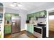 Efficient kitchen with stainless steel appliances and green cabinets, complemented by stylish backsplash at 2401 N Olney St, Indianapolis, IN 46218