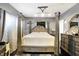 This main bedroom features a four-poster bed, dark gray walls, and modern lighting at 2401 N Olney St, Indianapolis, IN 46218