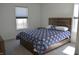 Stylish bedroom features a blue patterned comforter, modern wood frame bed, and bright natural light at 5303 Rum Cherry Way, Indianapolis, IN 46237