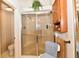 Clean bathroom features a glass-enclosed shower and wood cabinets at 8221 Furlong Cir, Indianapolis, IN 46256