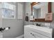 Stylish bathroom with modern vanity, framed mirror, and decorative wall art at 1413 S East St, Indianapolis, IN 46225