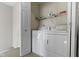 Compact laundry room with washer, dryer, and shelving for storage at 459 Dekalb Dr, Westfield, IN 46074