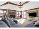 Bright living room featuring a cozy fireplace, large windows, beamed ceilings, and comfortable seating with modern décor at 8329 Hill Gail Dr, Indianapolis, IN 46217