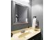 Cozy powder room featuring a framed mirror, stylish vanity, and neutral gray wall paint at 11185 Beardsley Way, Fishers, IN 46038