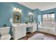 Blue bathroom with double vanity, decorative mirrors, soaking tub, and decorative faux fur rug at 17420 Dalton Ct, Noblesville, IN 46062