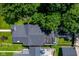 Aerial view showcases a rooftop deck with seating, a fire pit, and lush green surroundings at 1818 N Cornell Ave, Indianapolis, IN 46202
