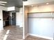 Bright living room with modern open shelving, brick accent wall, and hardwood flooring at 230 E 9Th St # 506, Indianapolis, IN 46204