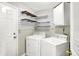 Laundry room featuring a washer, dryer, shelving, and white painted door at 4722 Common View Cir, Indianapolis, IN 46220