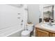 Clean bathroom features a shower-tub combination, toilet, and vanity at 649 Hummingbird Dr, Brownsburg, IN 46112