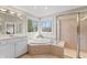 Bright bathroom with a vanity, tub, and shower creating a spa-like retreat with natural light at 9914 Springstone Rd, Fishers, IN 46055