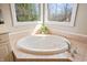 Close up of the bright bathroom featuring a large bathtub and scenic view through the adjacent window at 9914 Springstone Rd, Fishers, IN 46055