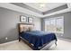 Relaxing main bedroom with gray walls, tray ceiling, large bed, and a bright window view at 9914 Springstone Rd, Fishers, IN 46055
