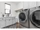 Well-equipped laundry room featuring modern washer and dryer, ample counter space, and storage at 2117 Broadway St, Indianapolis, IN 46202