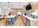Modern kitchen featuring stainless steel appliances, an island with bar seating, and hardwood floors at 932 N Broadway St # 1, Indianapolis, IN 46202
