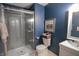 Bathroom featuring a modern shower with sleek glass doors and a well-lit vanity area at 9505 Bay Vista W Dr, Indianapolis, IN 46250