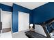 A modern exercise room features a blue accent wall, treadmill, and a closet for storing fitness equipment at 1299 Timber Bluff Rd, Westfield, IN 46074