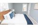 Cozy bedroom features a wood headboard, white bedding with blue accents, and natural light at 3723 N Olney St, Indianapolis, IN 46218