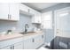 Bright kitchen features stainless steel appliances, wood countertops, white cabinets, and access to backyard at 3723 N Olney St, Indianapolis, IN 46218