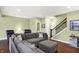 Living room showcases a large sofa, hardwood floors, and a staircase with wood steps at 700 Greenford N Trl, Carmel, IN 46032