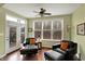 Relaxing living room with stylish seating, a ceiling fan, and large windows overlooking the outdoor space at 700 Greenford N Trl, Carmel, IN 46032