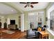 Bright living room offers comfortable seating, hardwood floors, and easy access to the outdoor patio at 700 Greenford N Trl, Carmel, IN 46032