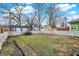 Fenced backyard with a mix of grass and bare spots, surrounded by mature trees at 912 Harlan St, Indianapolis, IN 46203
